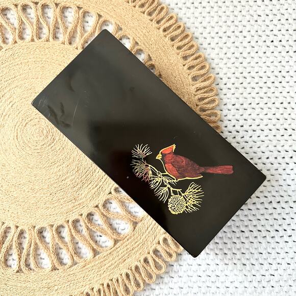 Vintage Couroc of Monteray Lacquerware Black MCM Cardinal Pine Bough Trinket Box